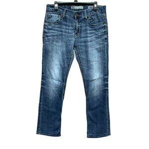 BKE Mens 33R Carter Straight Jeans Blue Denim Zip Fly Medium Wash Stretch